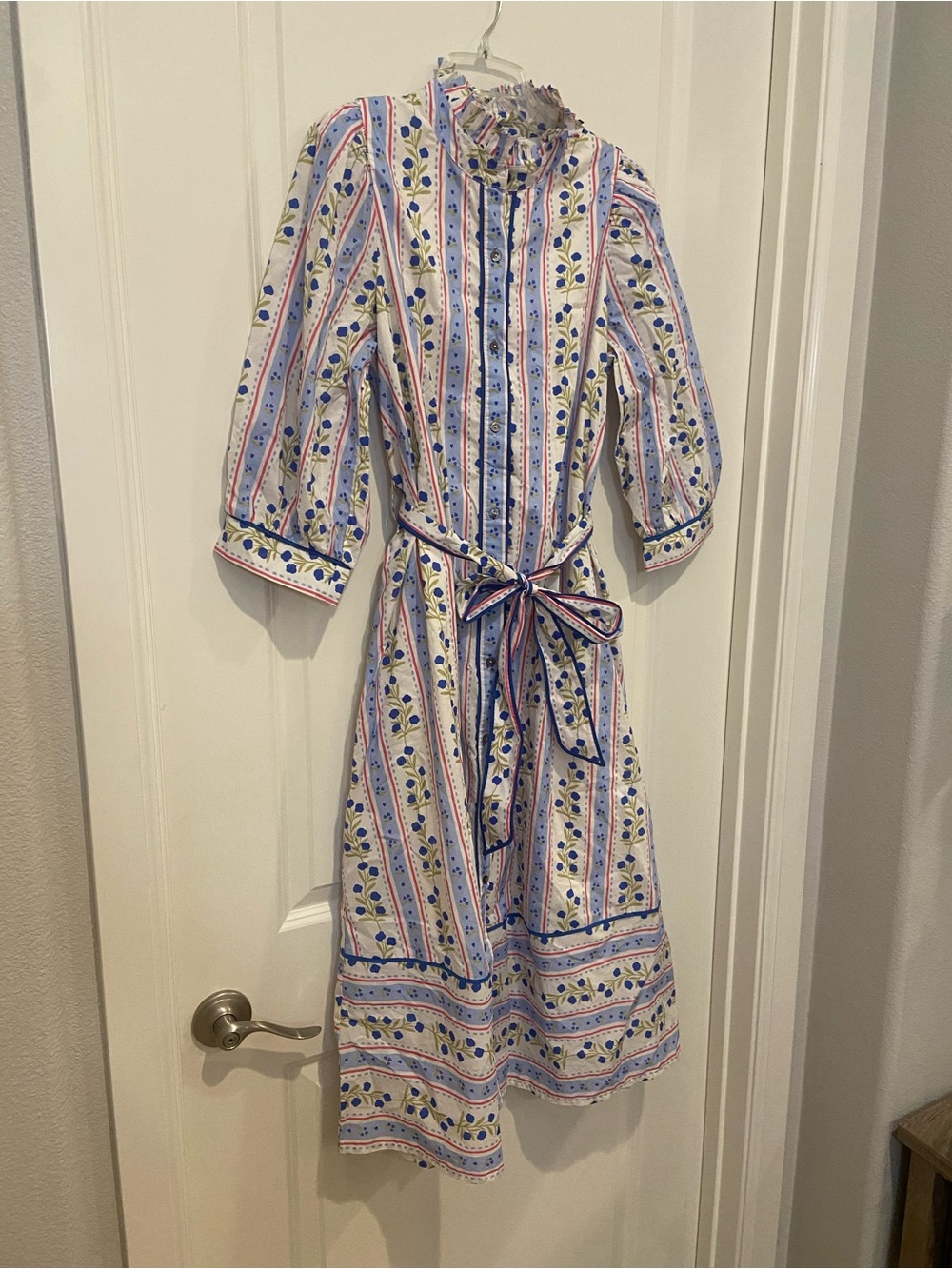 New Boho Cottagecore Blue Floral & Stripe Midi Shirt Dress with Bow tie waist - Picture 4 of 7